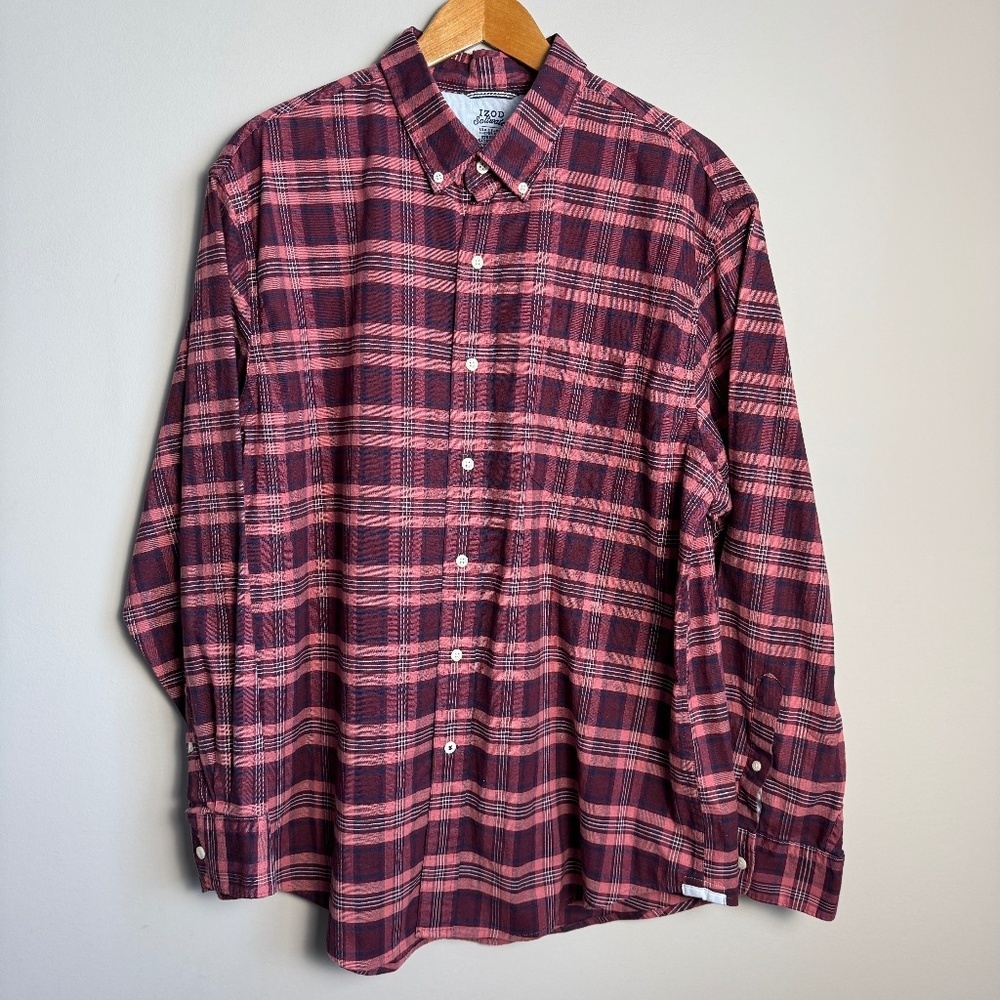 IZOD Saltwater Men's Long Sleeve Plaid Casual Button Up Shirt Red/Wine X-Large